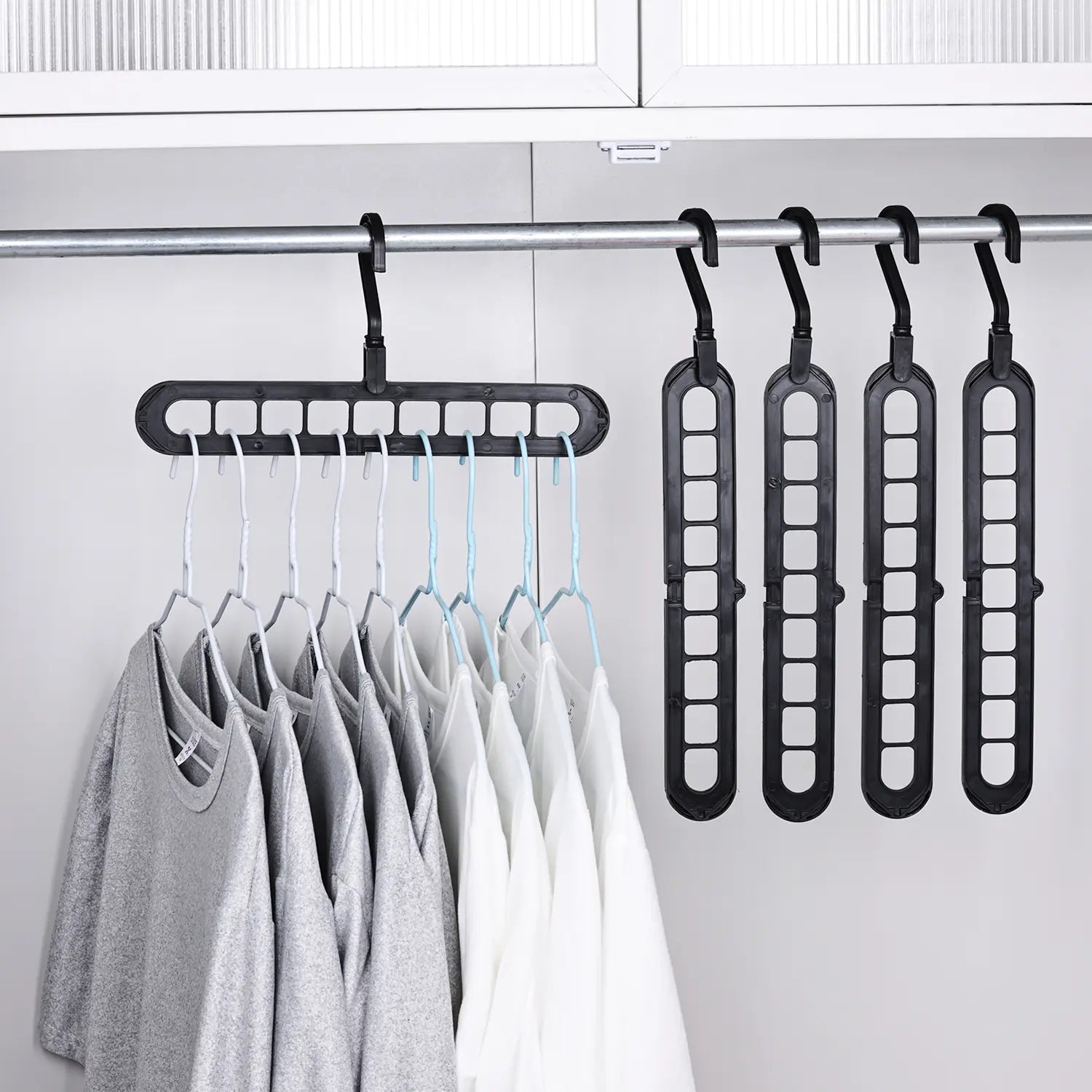 Transform Your Closet with the 3/5-Pack PVC 9-Hole Magic Hanger Pro - The Ultimate Foldable Space-Saving Organizer for Clothes Storage