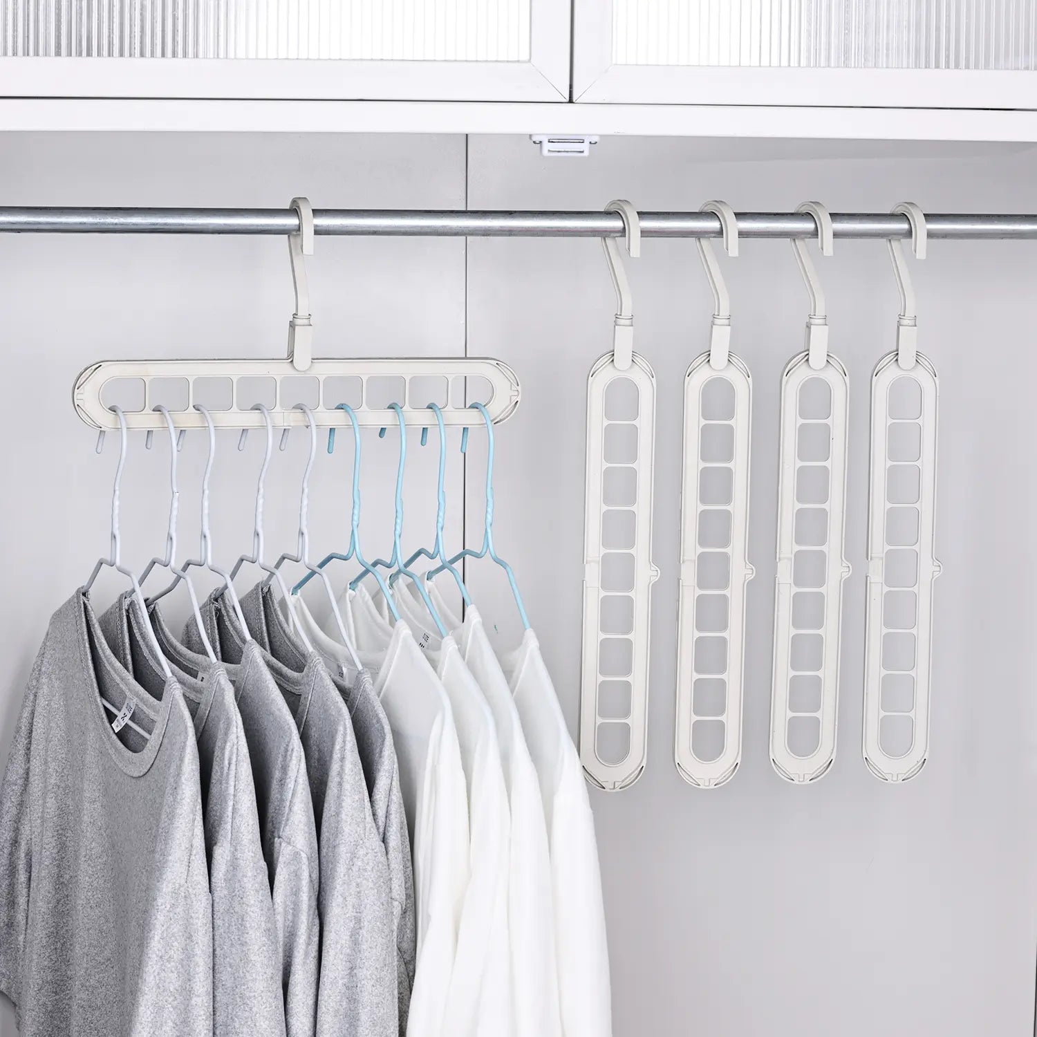Transform Your Closet with the 3/5-Pack PVC 9-Hole Magic Hanger Pro - The Ultimate Foldable Space-Saving Organizer for Clothes Storage